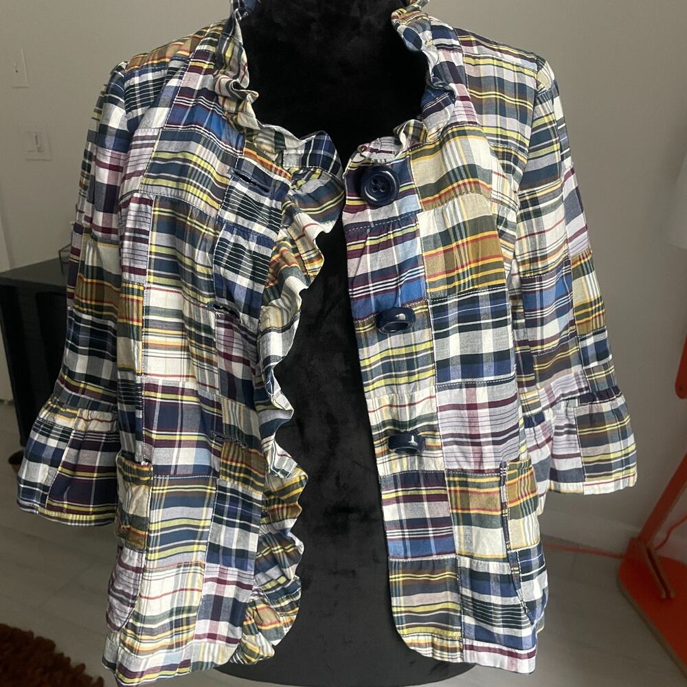 90s J. Crew Women's 6 Rainbow Madras Plaid Ruffled Swing 1/4 Sleeve Jacket - Picture 7 of 9